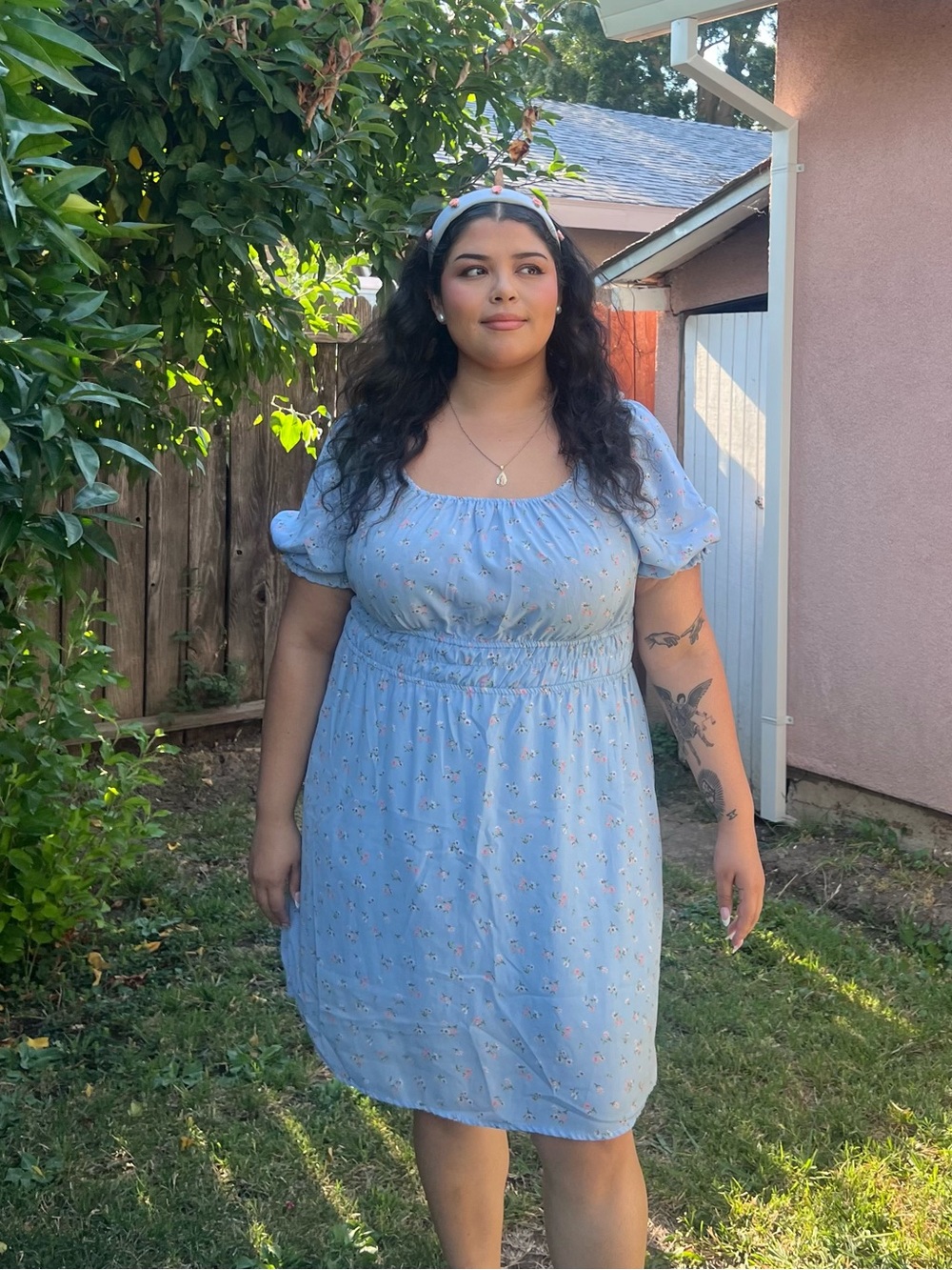 Light Blue Floral Puff-Sleeve Dress